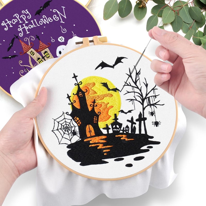 ERKOON 5 Sets Embroidery Kit for Beginners, Halloween Cross Stitch Set DIY Starters Needlepoint with Easy Pattern Embroidery Cloth Hoops Threads for Craft Lover Hand Stitch - Image 5